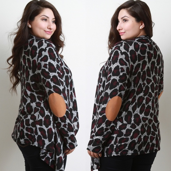 Sweaters - 2x 3x Leopard Contrast Elbow Patch Open Cardigan